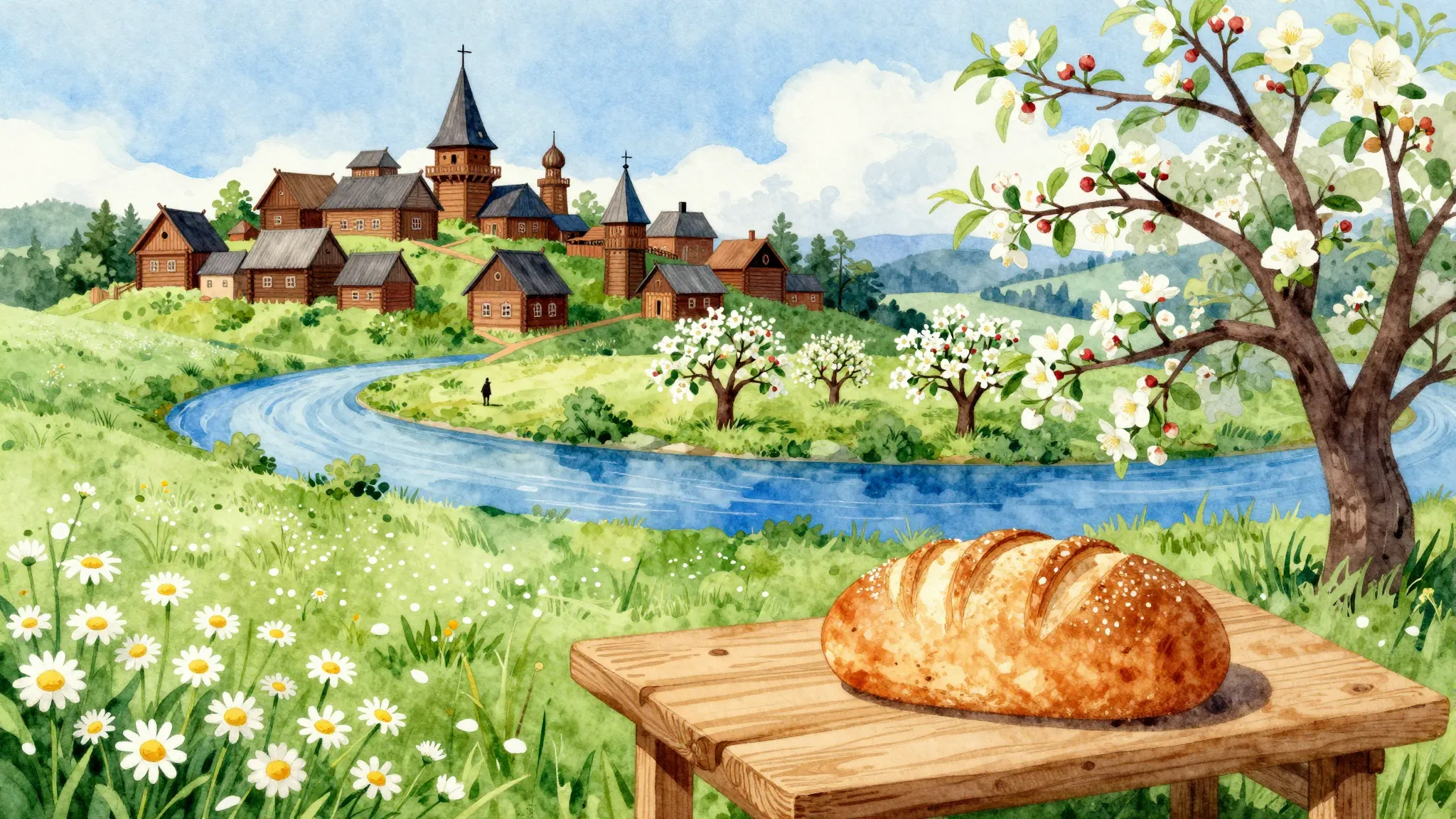Vibrant watercolor style. Ancient Slavic wooden city on a hi...