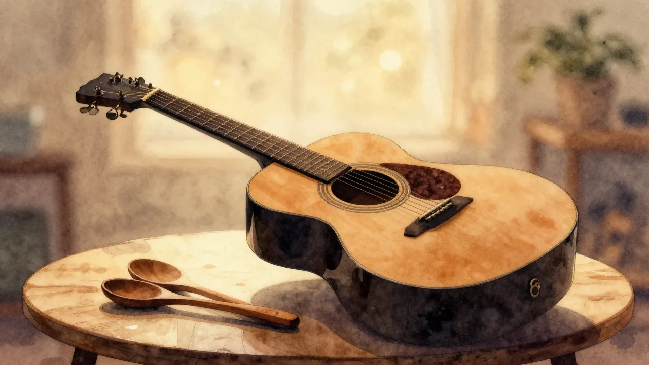 Watercolor style. Silhouette of an acoustic guitar and two w...
