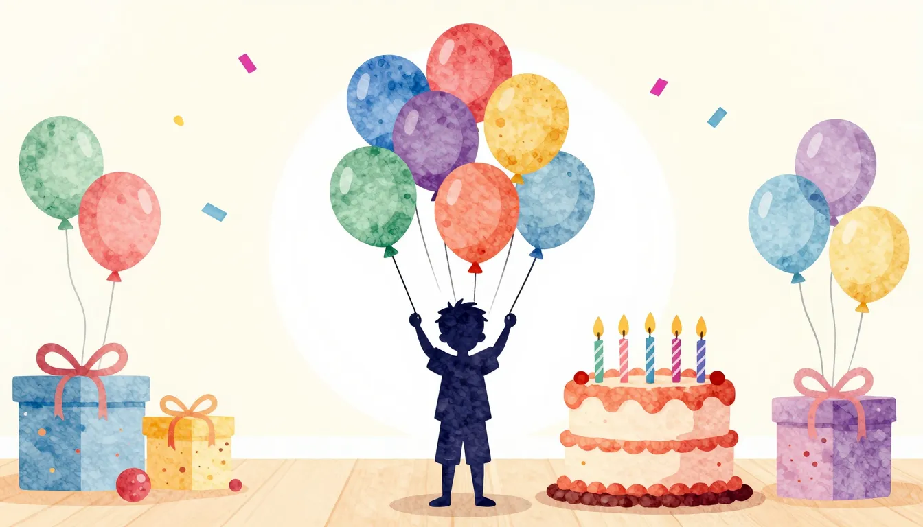 Watercolor style. Silhouette of a child holding 11 balloons,...