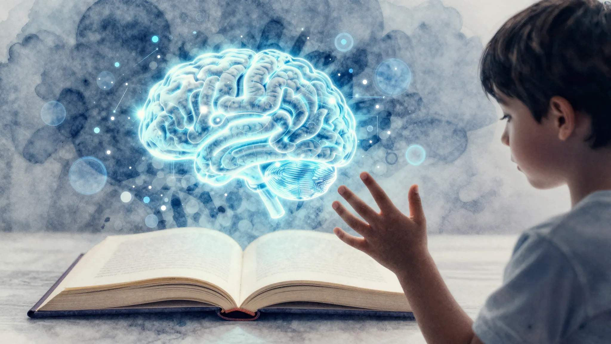 Watercolor style. A glowing digital brain floating above an ...