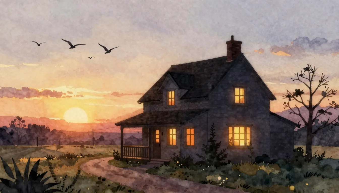 Watercolor style. Silhouette of a cozy house at sunset, warm...