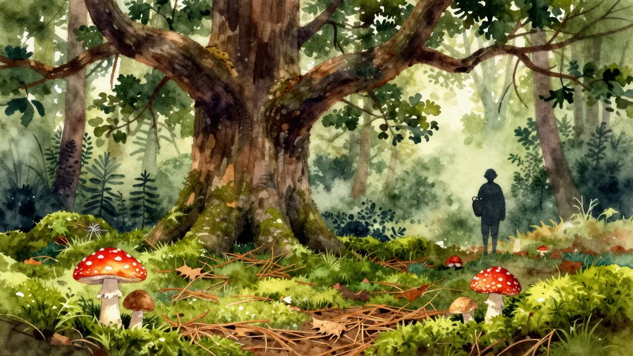 Watercolor style. A dense forest floor with a large old oak ...