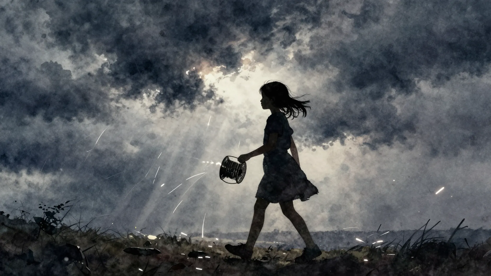 Watercolor style. Silhouette of a young girl holding a wire ...