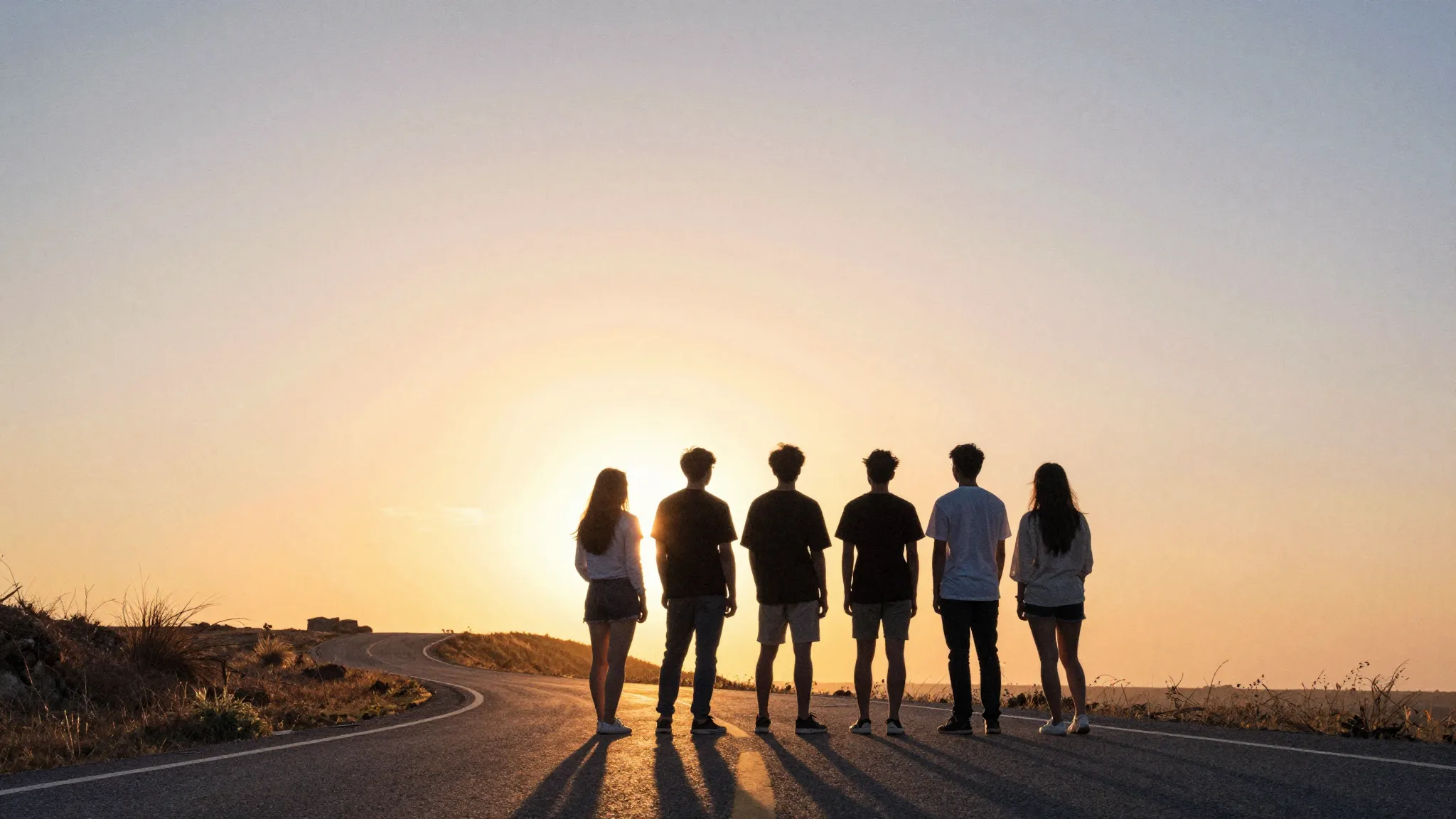 Watercolor style. A silhouette of a group of friends standin...