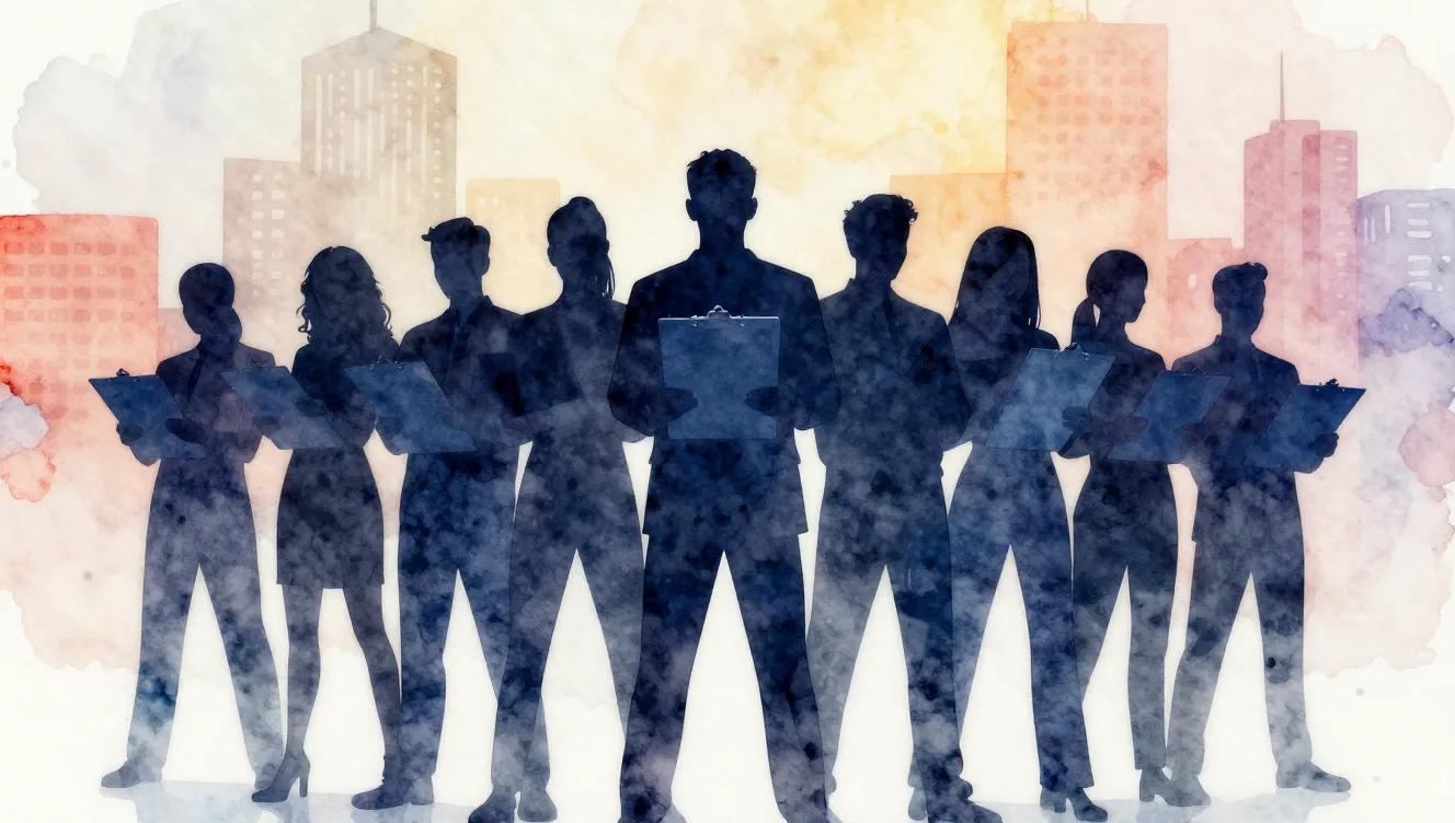 Watercolor style. Silhouettes of a team standing together, h...