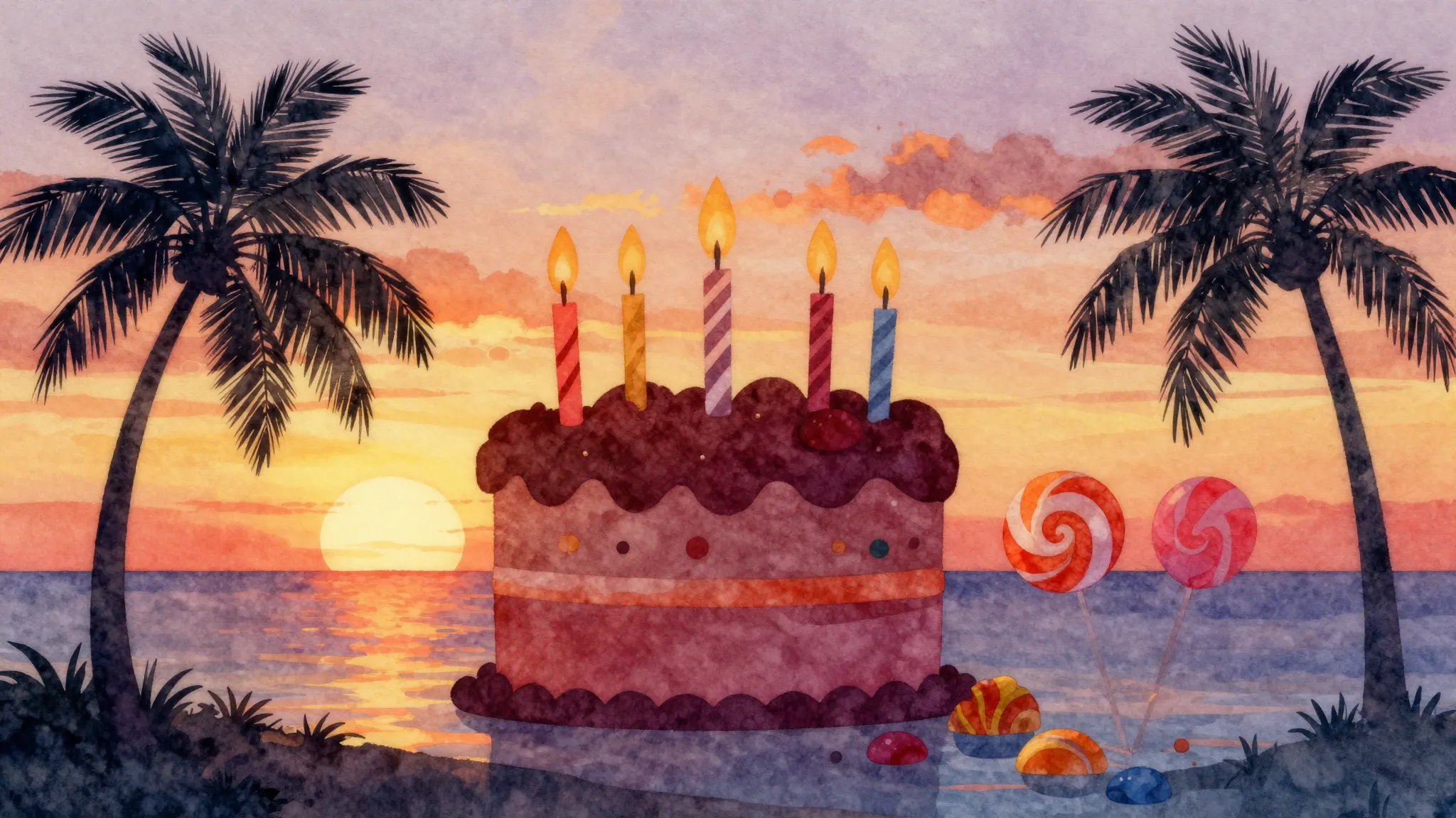 Watercolor style. A vibrant tropical sunset with silhouettes...