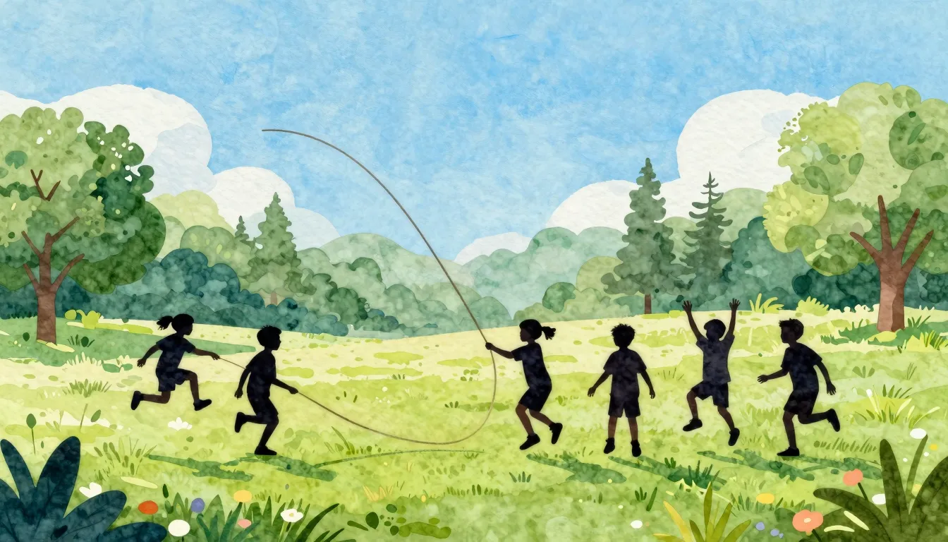 Watercolor style. Silhouettes of small children jumping over...
