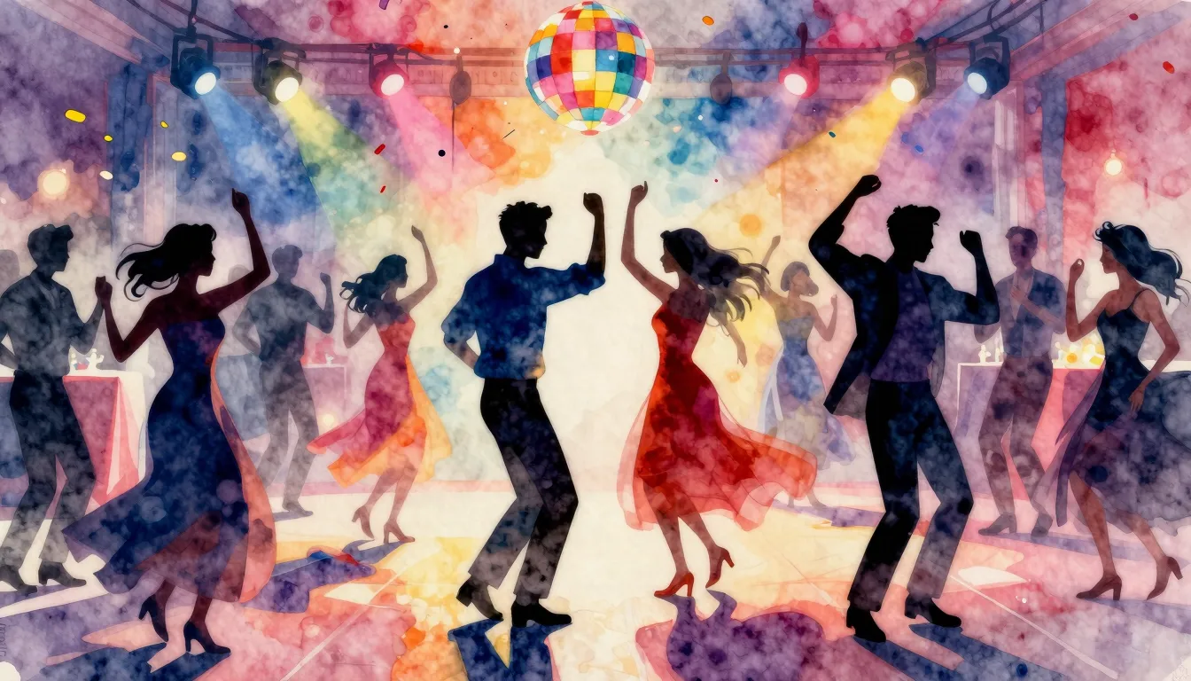 Vibrant watercolor style. A vibrant, energetic dance floor s...