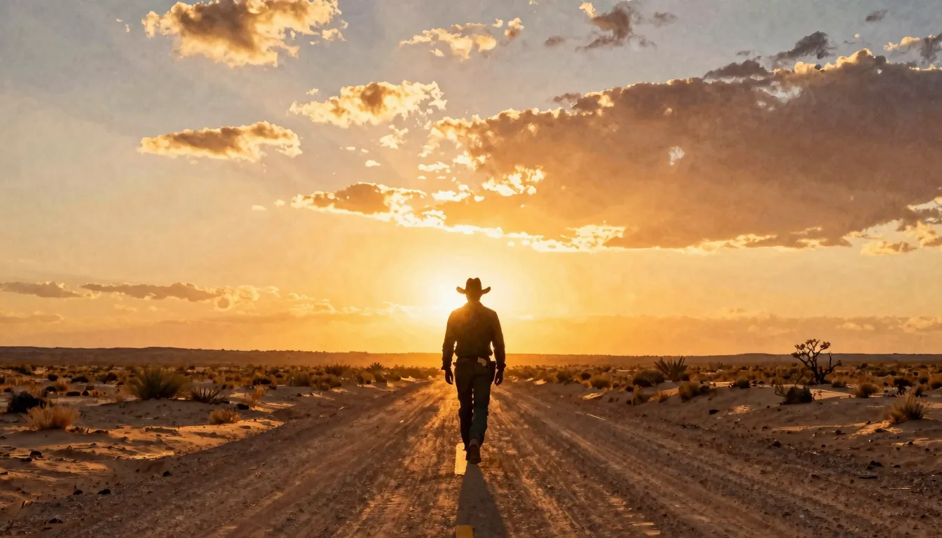Vibrant watercolor style. A lonely silhouette of a cowboy wa...