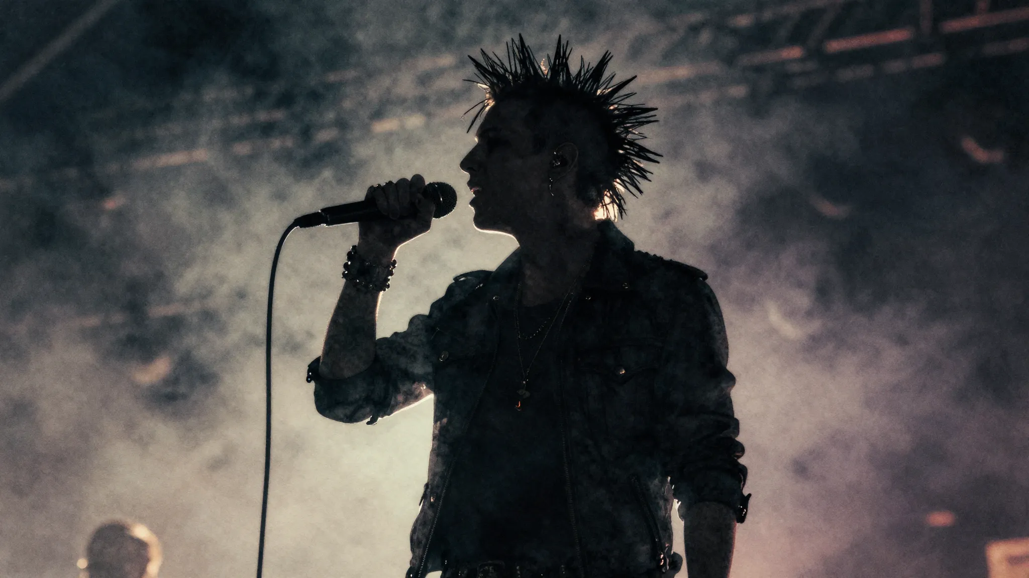 Watercolor style. Silhouette of a punk rock singer with spik...