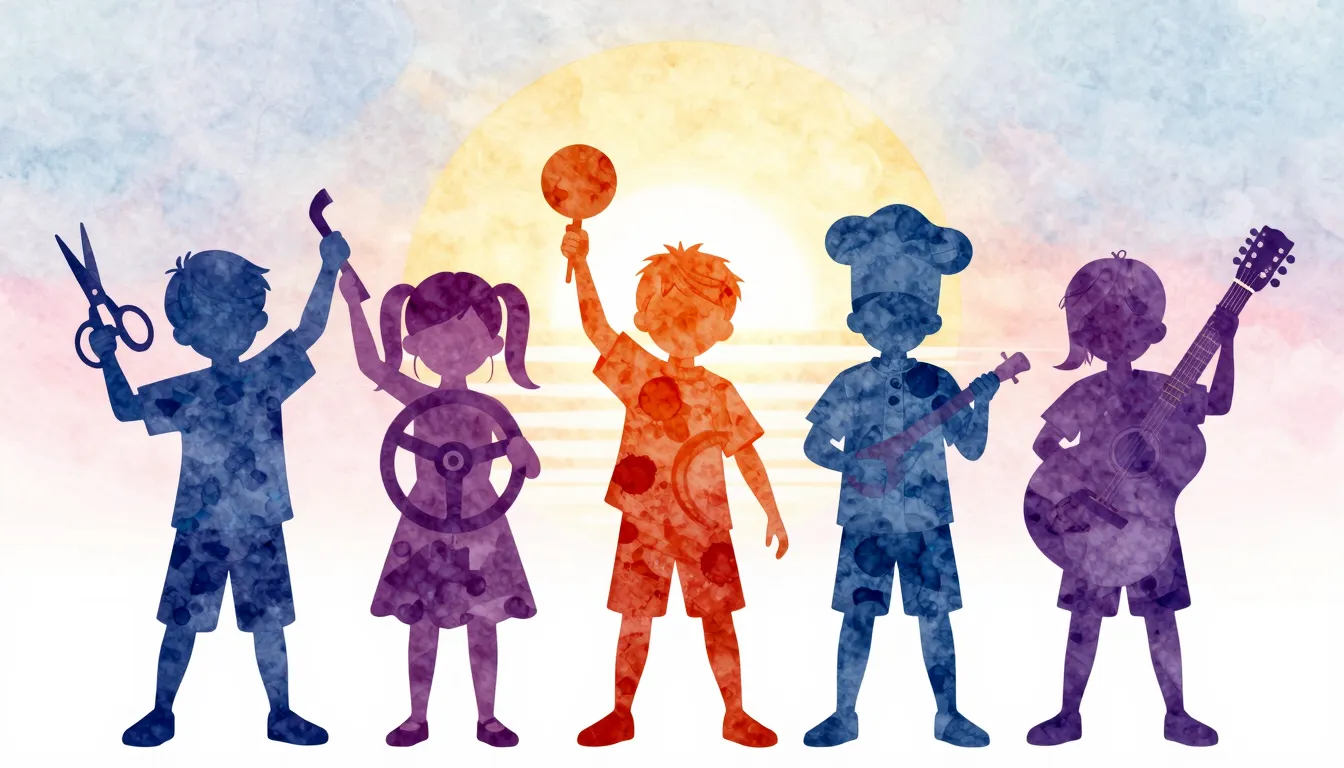 Watercolor style. A colorful silhouette of children holding ...