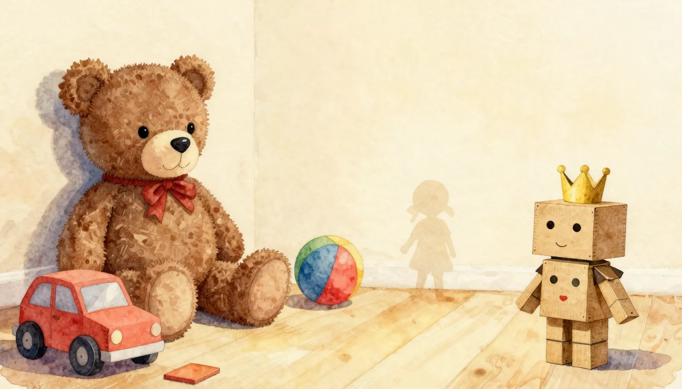 Watercolor style. A cozy children room with scattered toys: ...