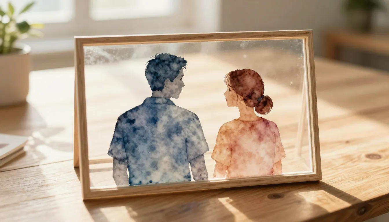 Watercolor style. A split photo frame on a wooden table, one...