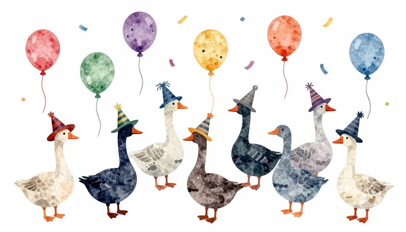 Watercolor style. A flock of geese wearing funny hats, festi...