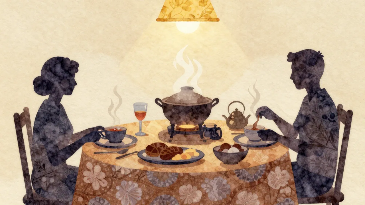 Watercolor style. A cozy table with traditional Georgian foo...