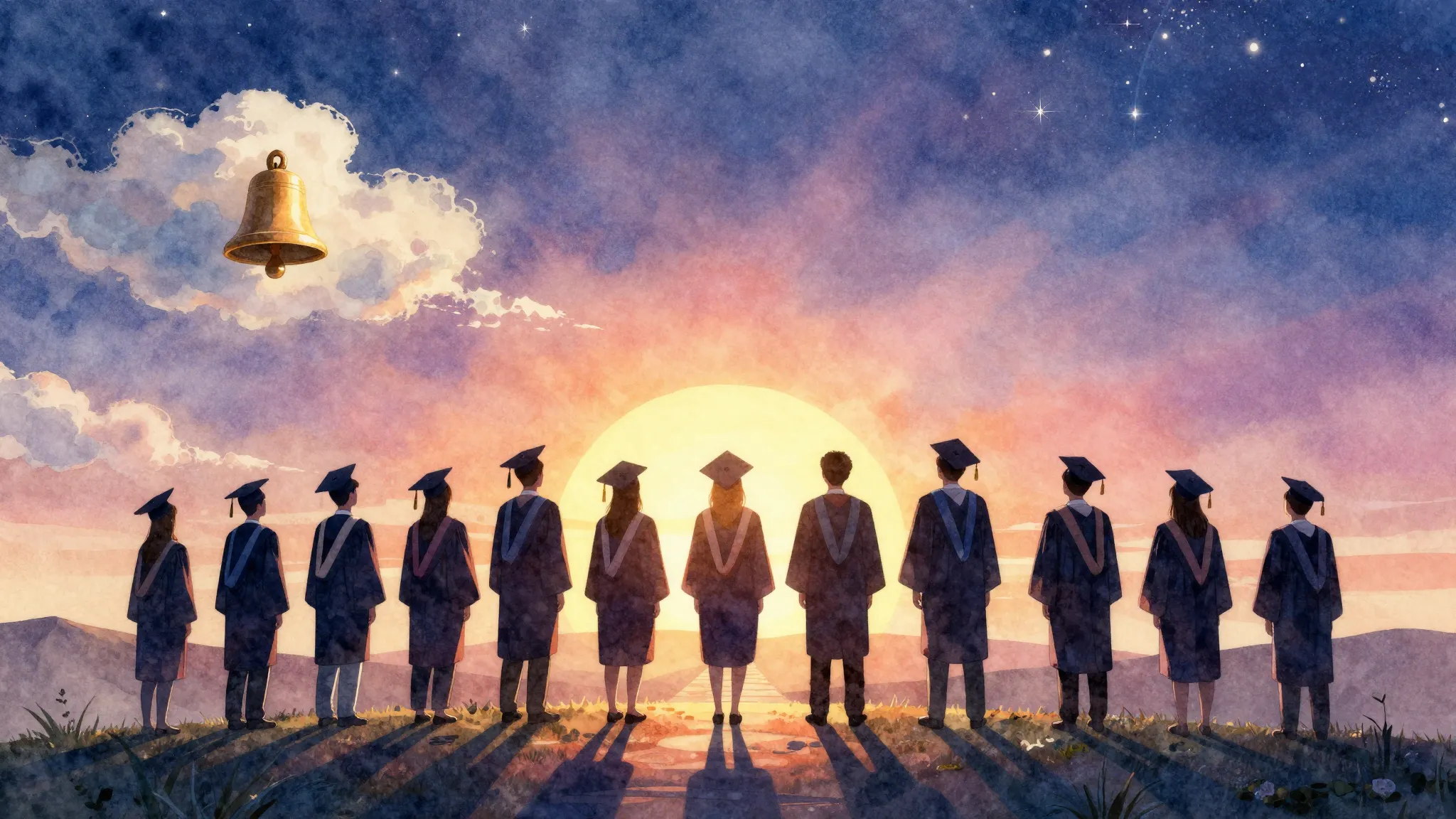Vibrant watercolor style. A silhouette of a group of graduat...