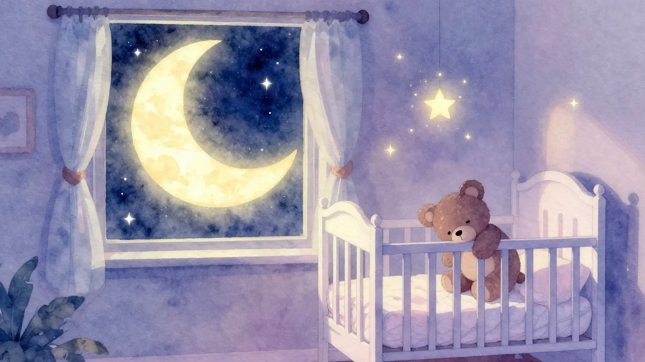 Vibrant watercolor style. A cozy nursery room at night, a so...