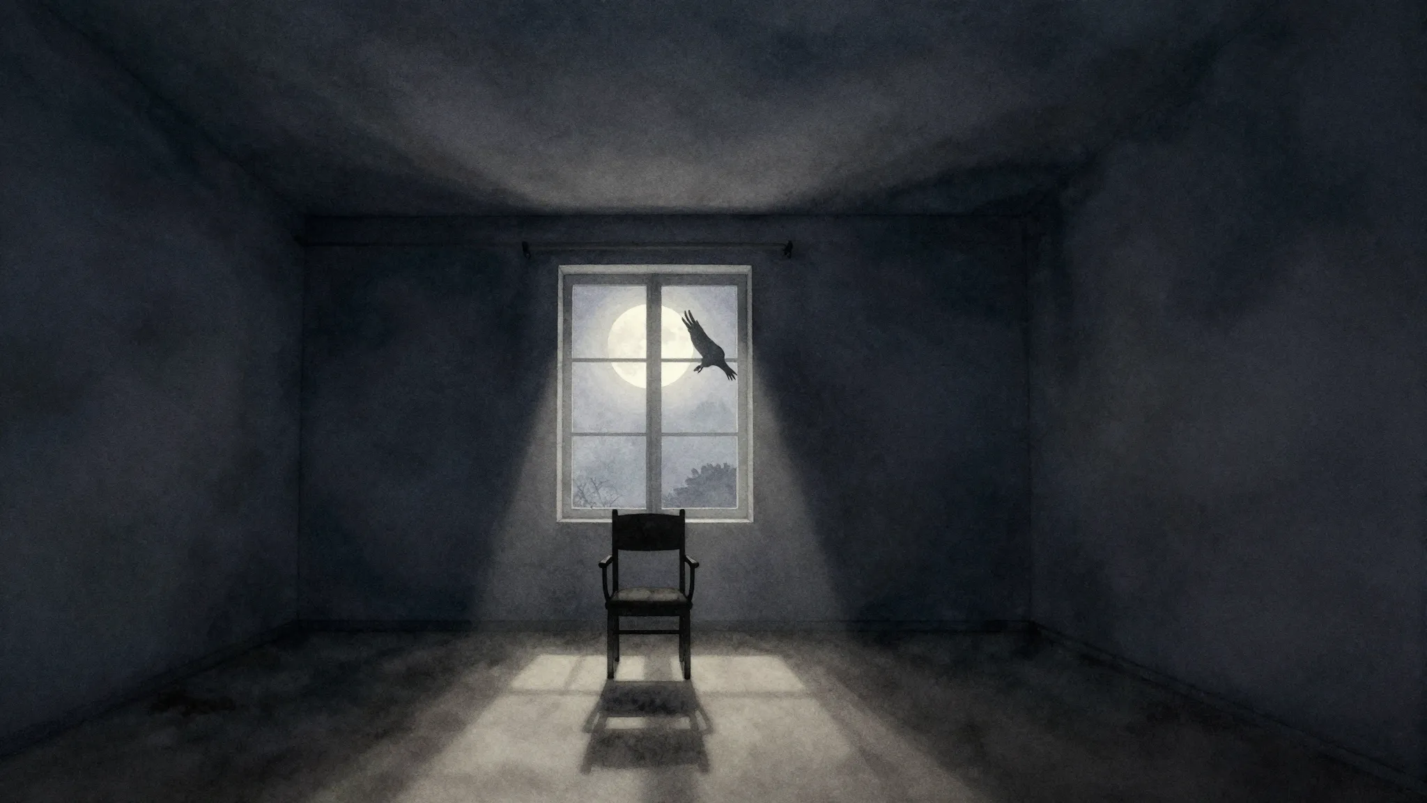Watercolor style. A dark room with a high ceiling, a silhoue...