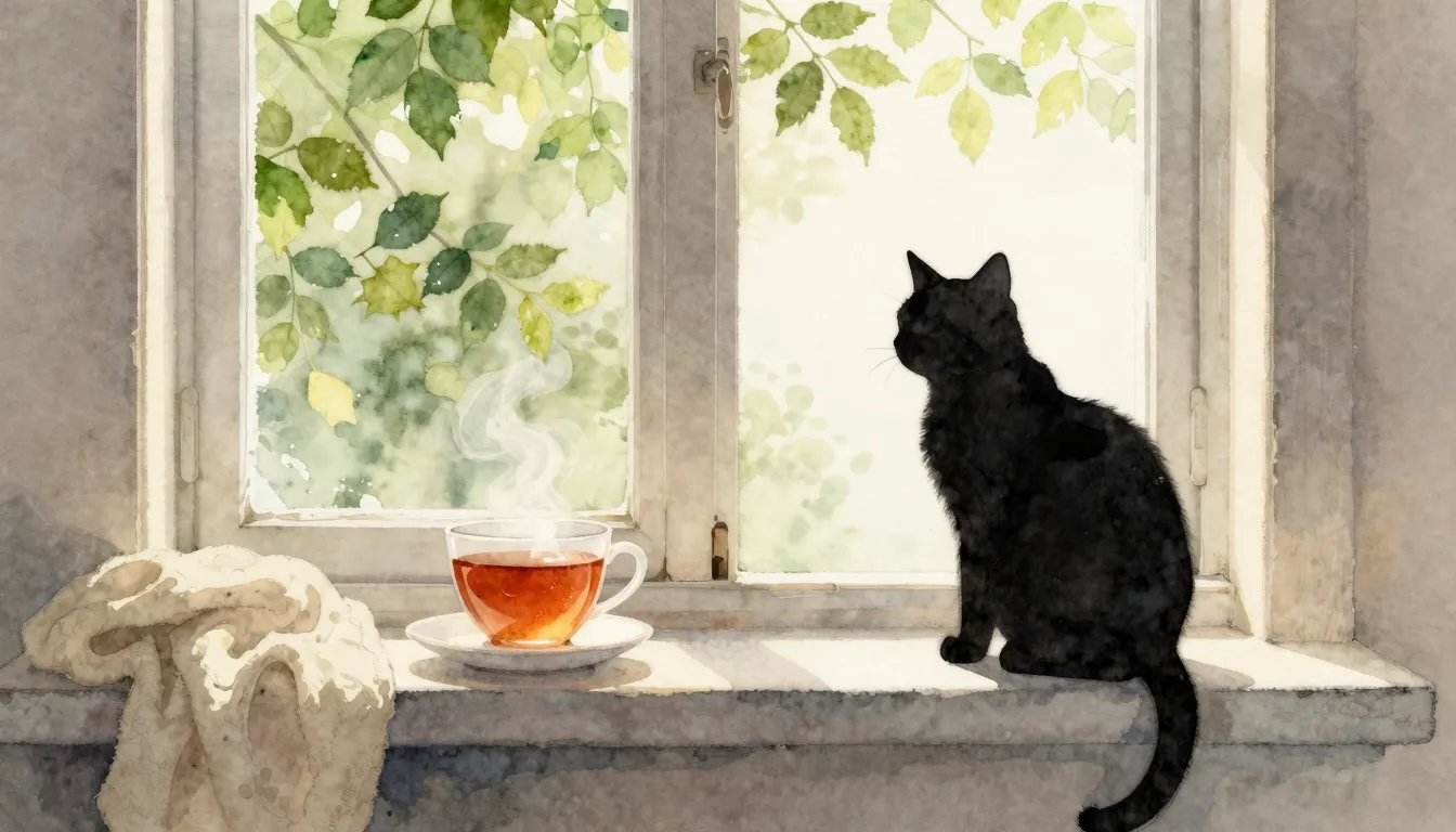 Watercolor style. A cozy window sill with a cup of tea and a...