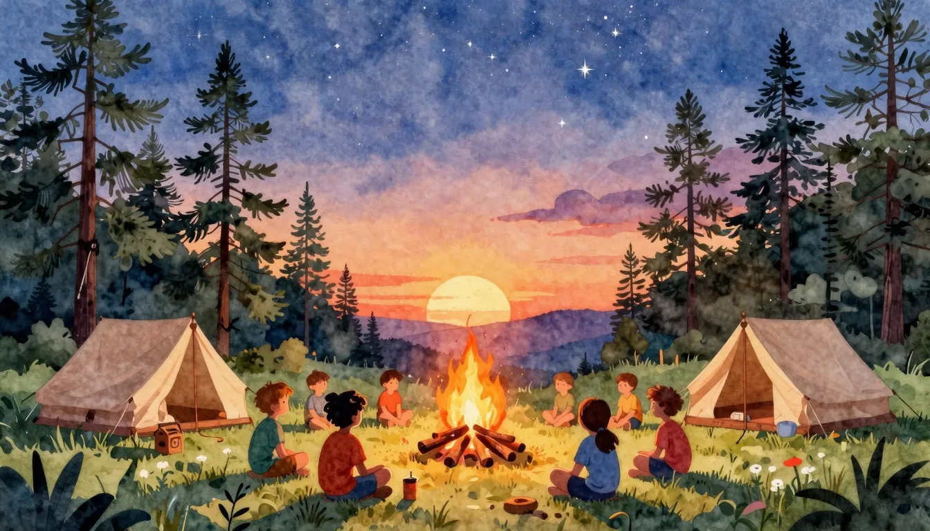 Watercolor style. A bright summer camp scene at sunset, silh...