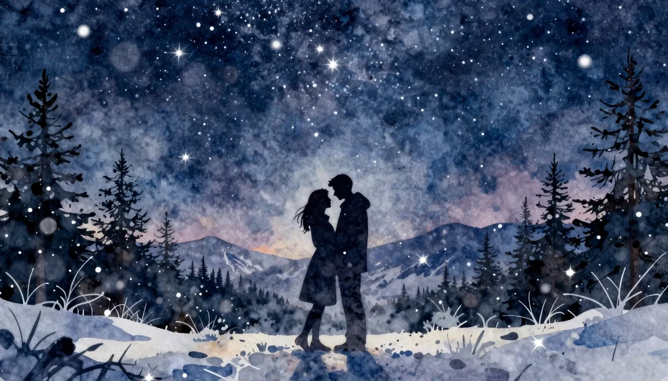 Watercolor style. Silhouette of a couple standing under a st...