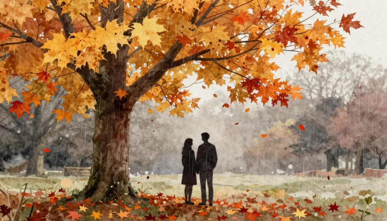 Watercolor style. A silhouette of a couple standing under a ...