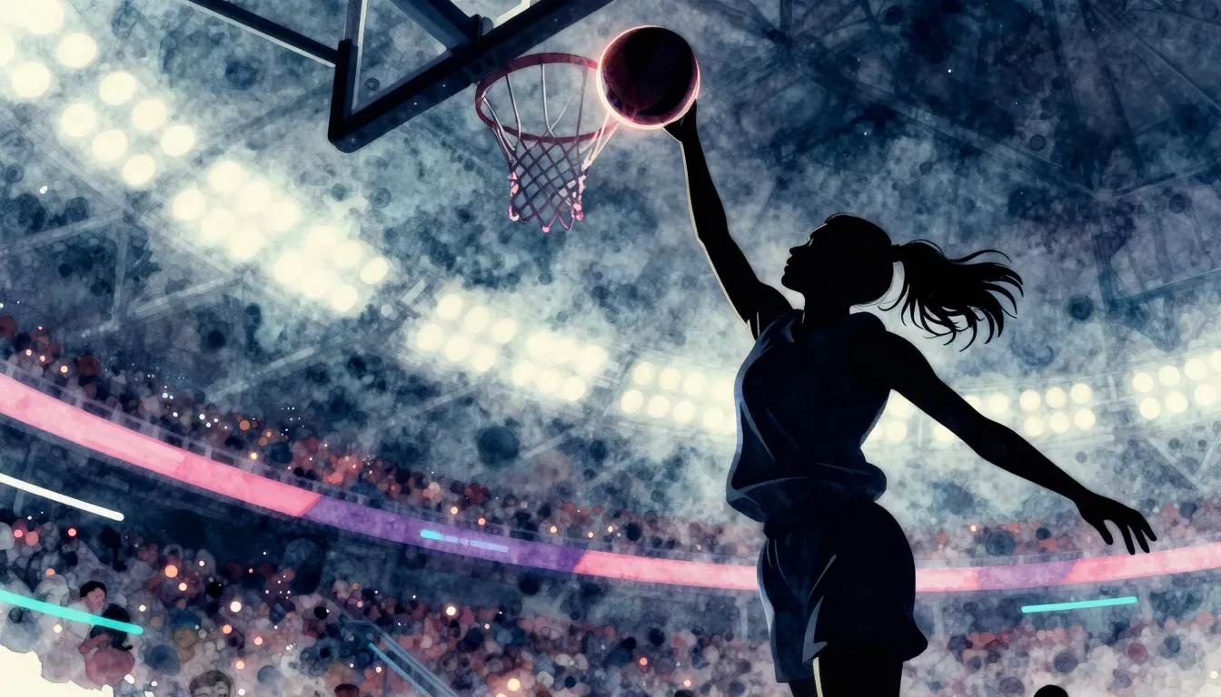 Watercolor style. Silhouette of a female basketball player j...
