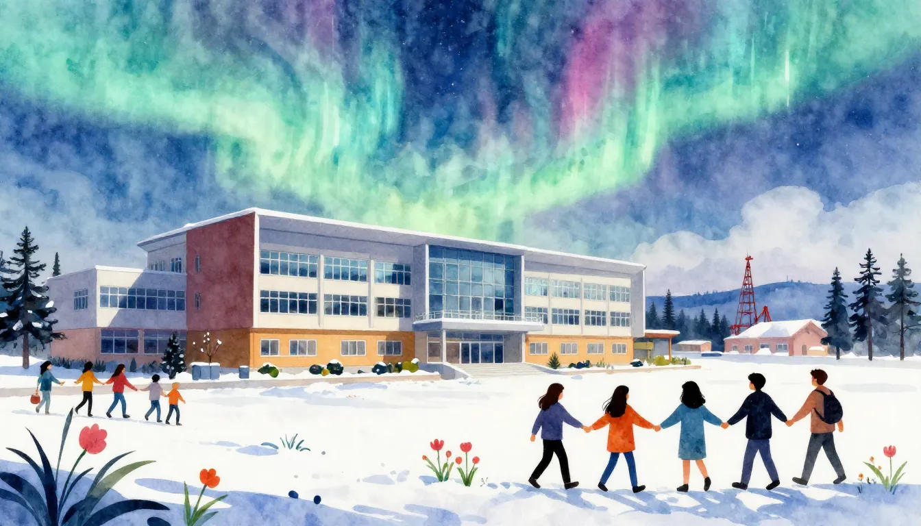Vibrant watercolor style. A modern school building in a snow...