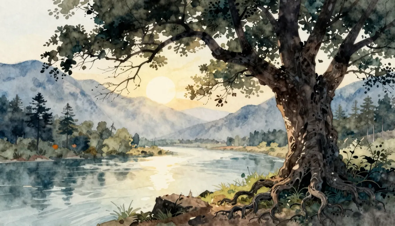 Watercolor style. A silhouette of an ancient tree by a mount...