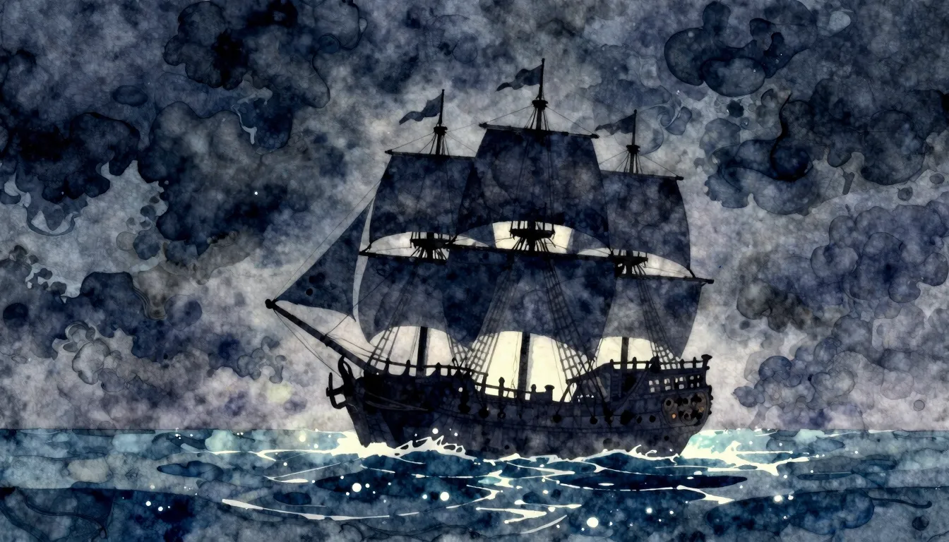 Watercolor style. Silhouette of a pirate ship sailing on a m...