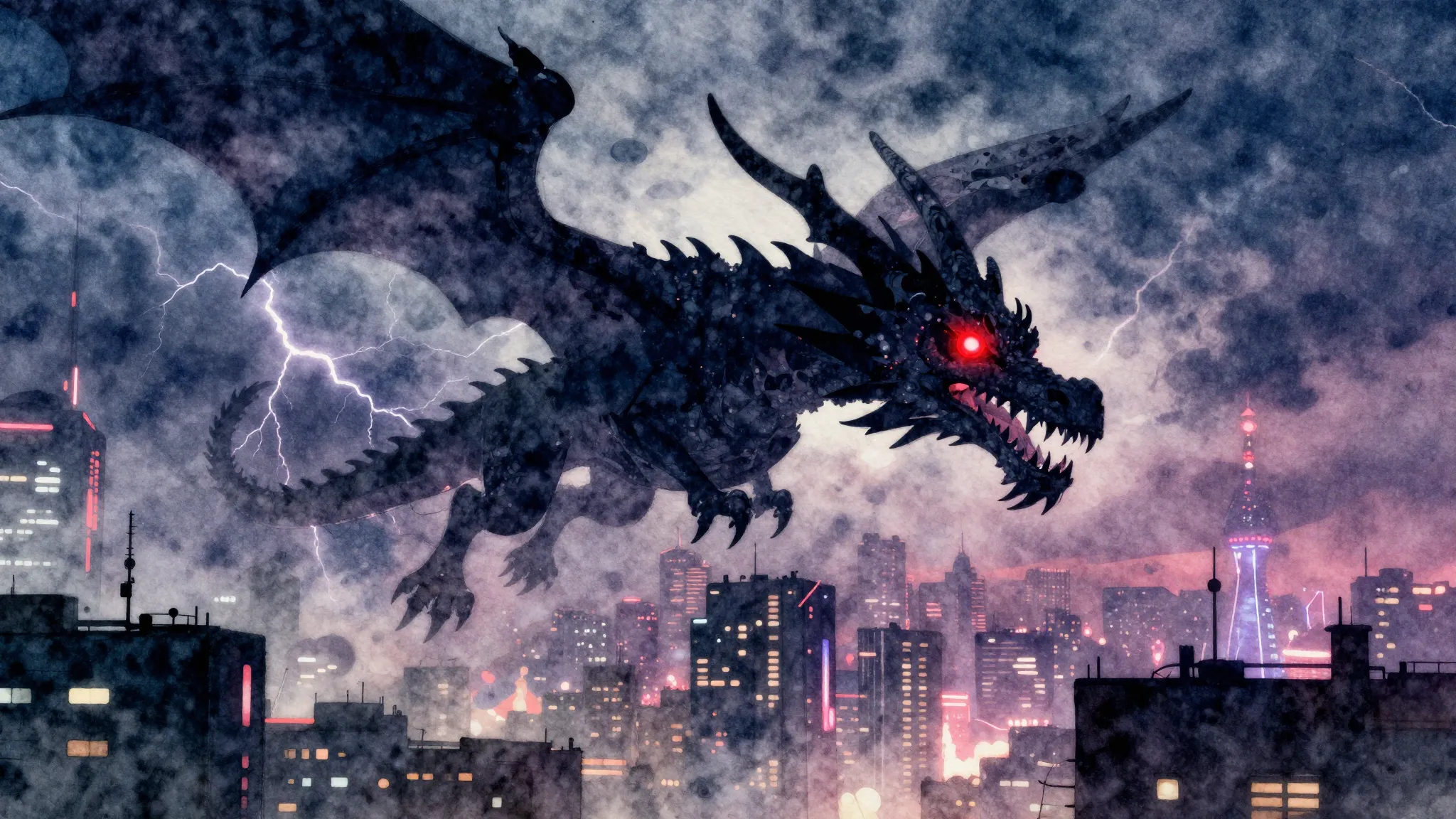 Watercolor style. A massive dragon silhouette flying over a ...
