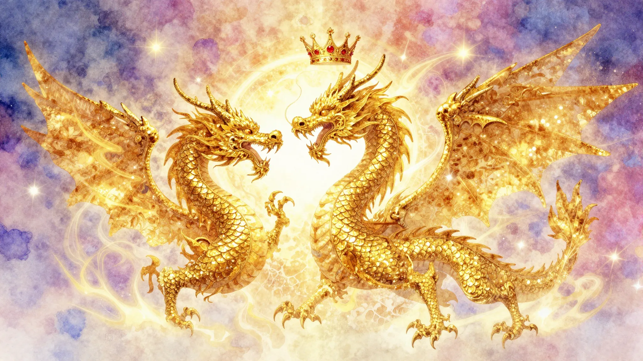 Vibrant watercolor style. Majestic golden dragon silhouette ...