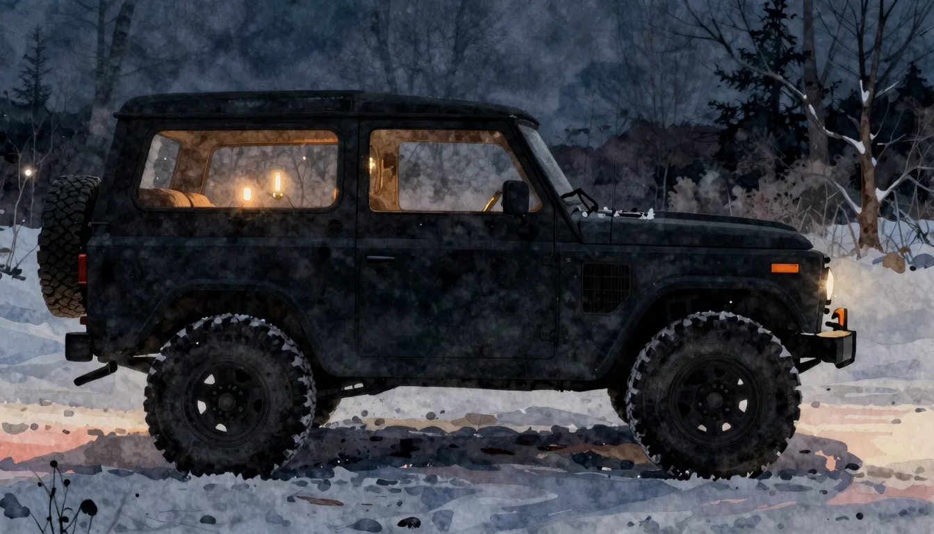 Watercolor style. Silhouette of a retro off-road car 69 driv...