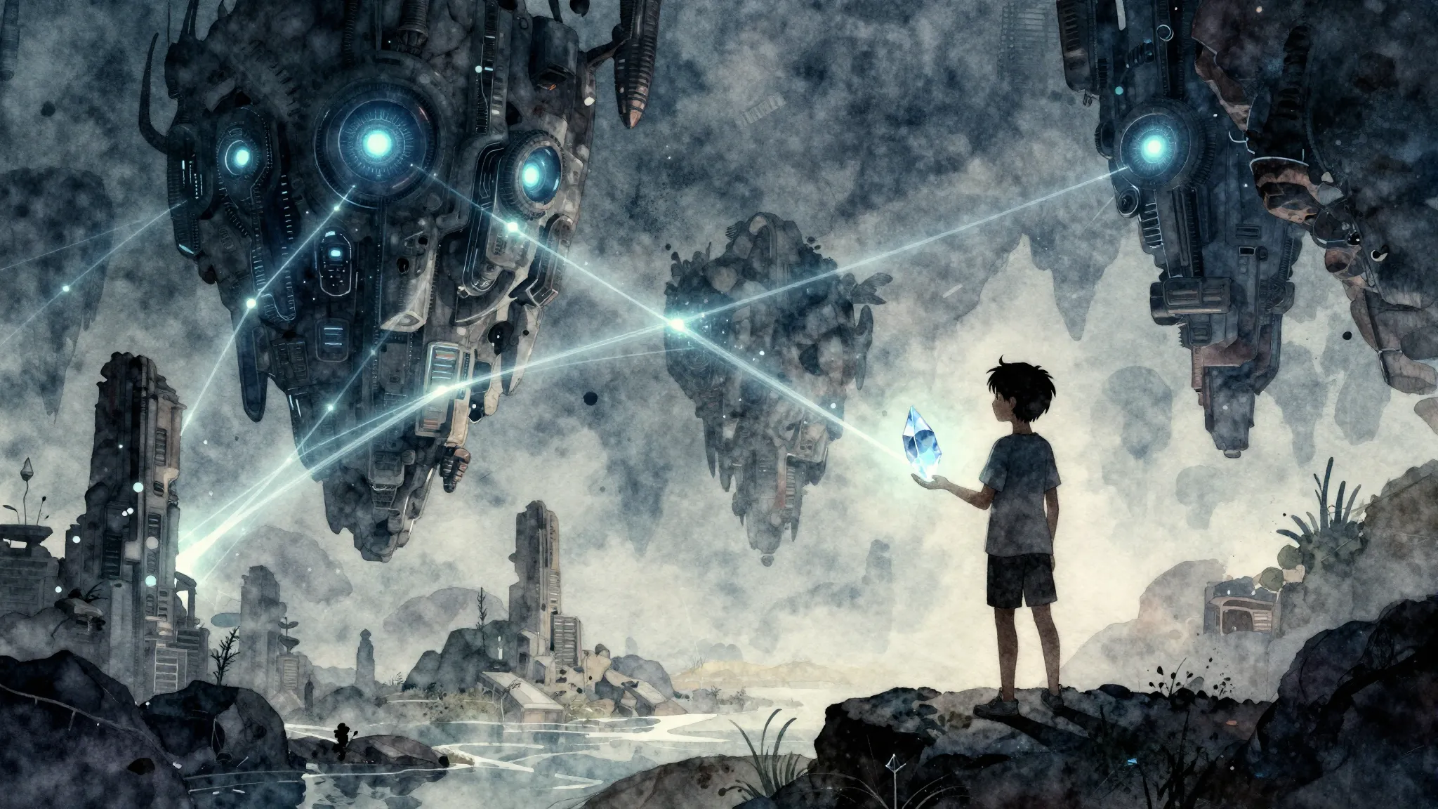 Watercolor style. Year 3000 futuristic landscape, glowing en...