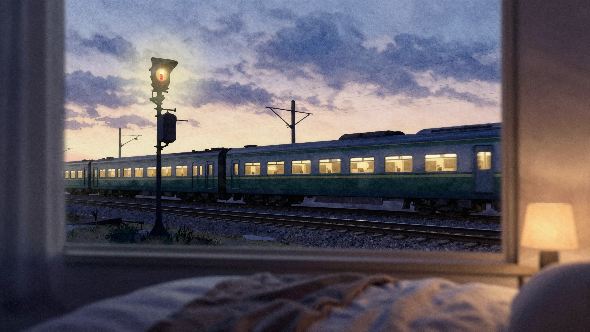 Watercolor style. Silhouette of a train on a railway track a...