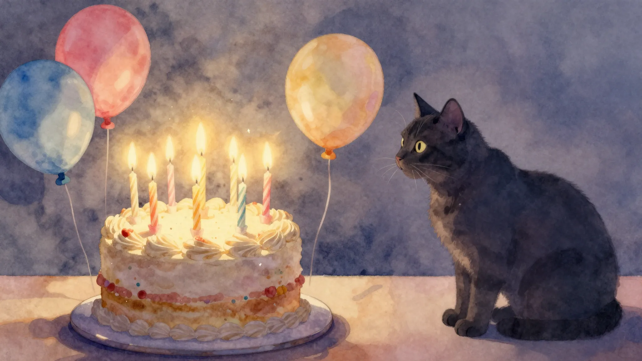 Watercolor style. A festive birthday cake with glowing candl...