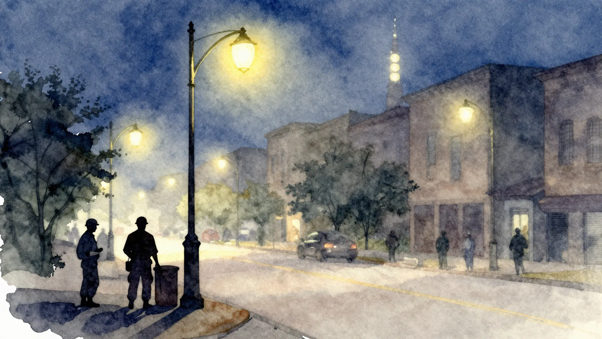 Watercolor style. Night city street with glowing streetlight...
