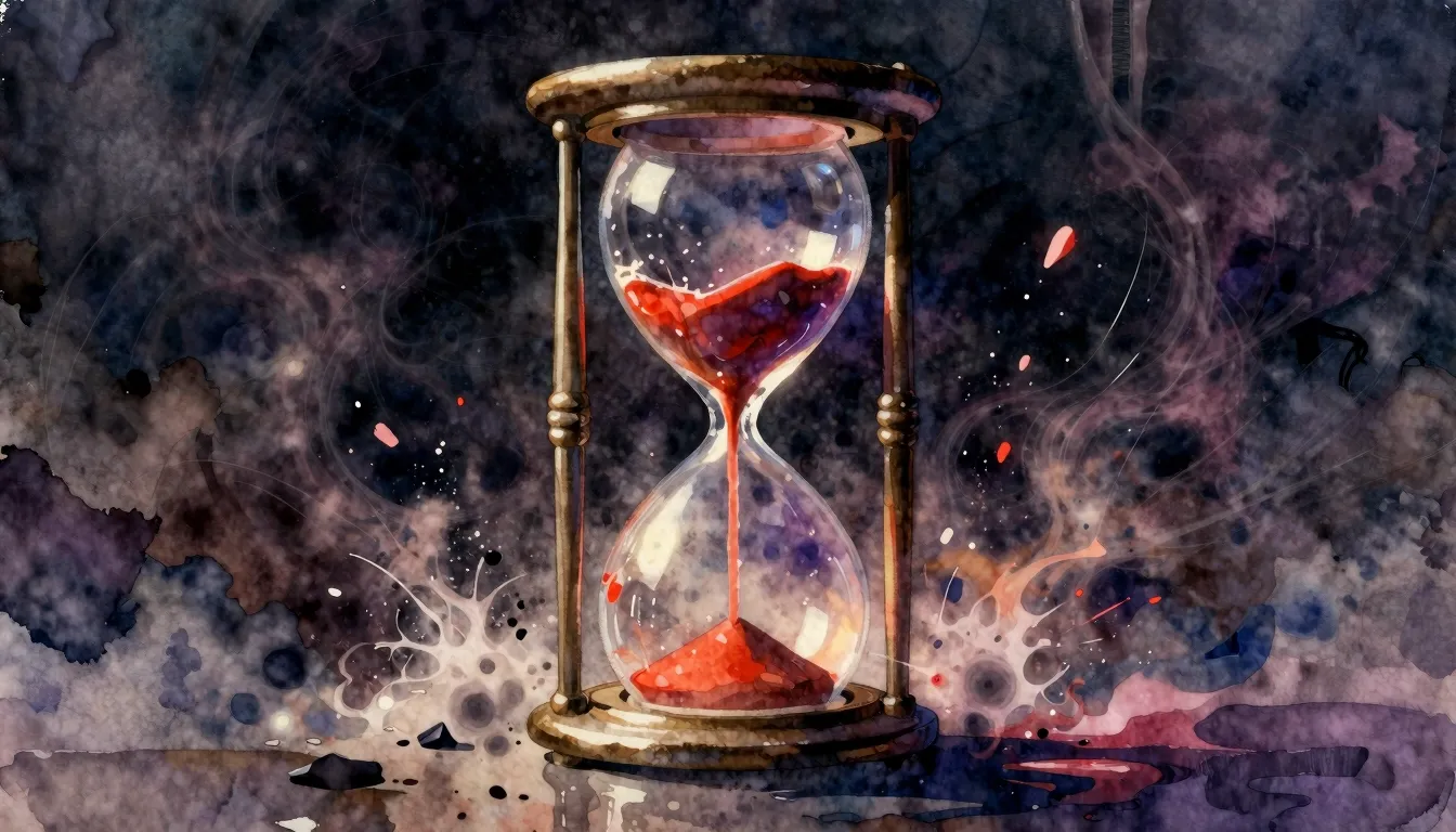 Vibrant watercolor style. An hourglass shattering into dust,...