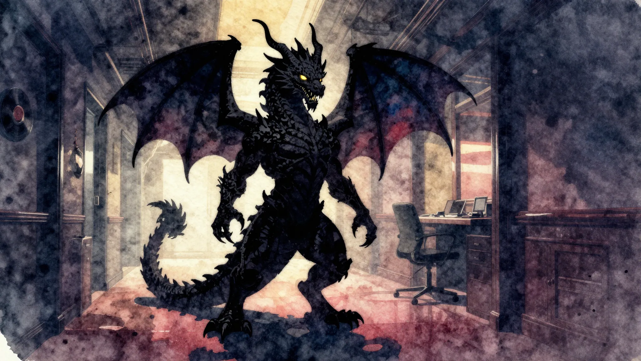 Vibrant watercolor style. A silhouette of a powerful multi-h...