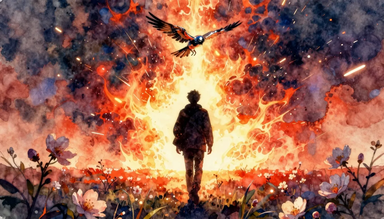 Vibrant watercolor style. Cinematic rock album cover, a dark...