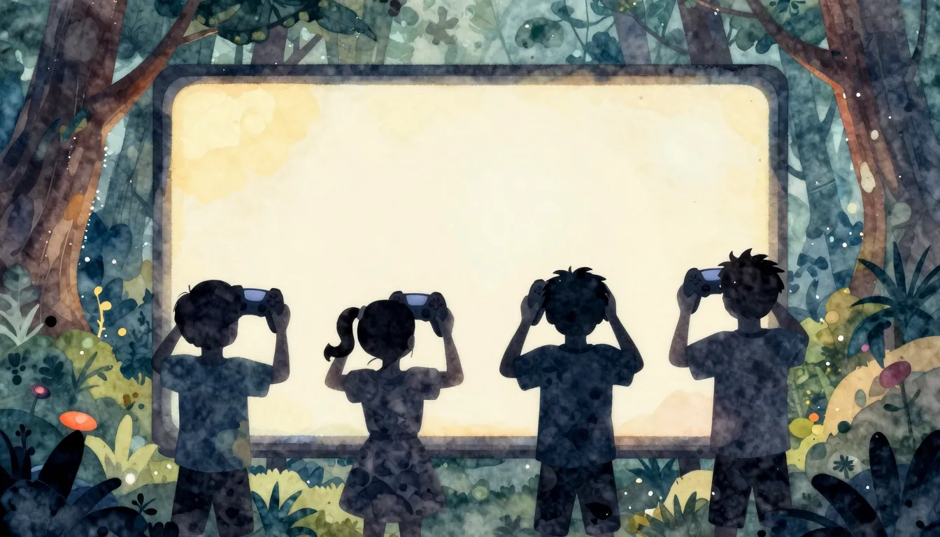 Watercolor style. Silhouette of 4 kids holding game controll...