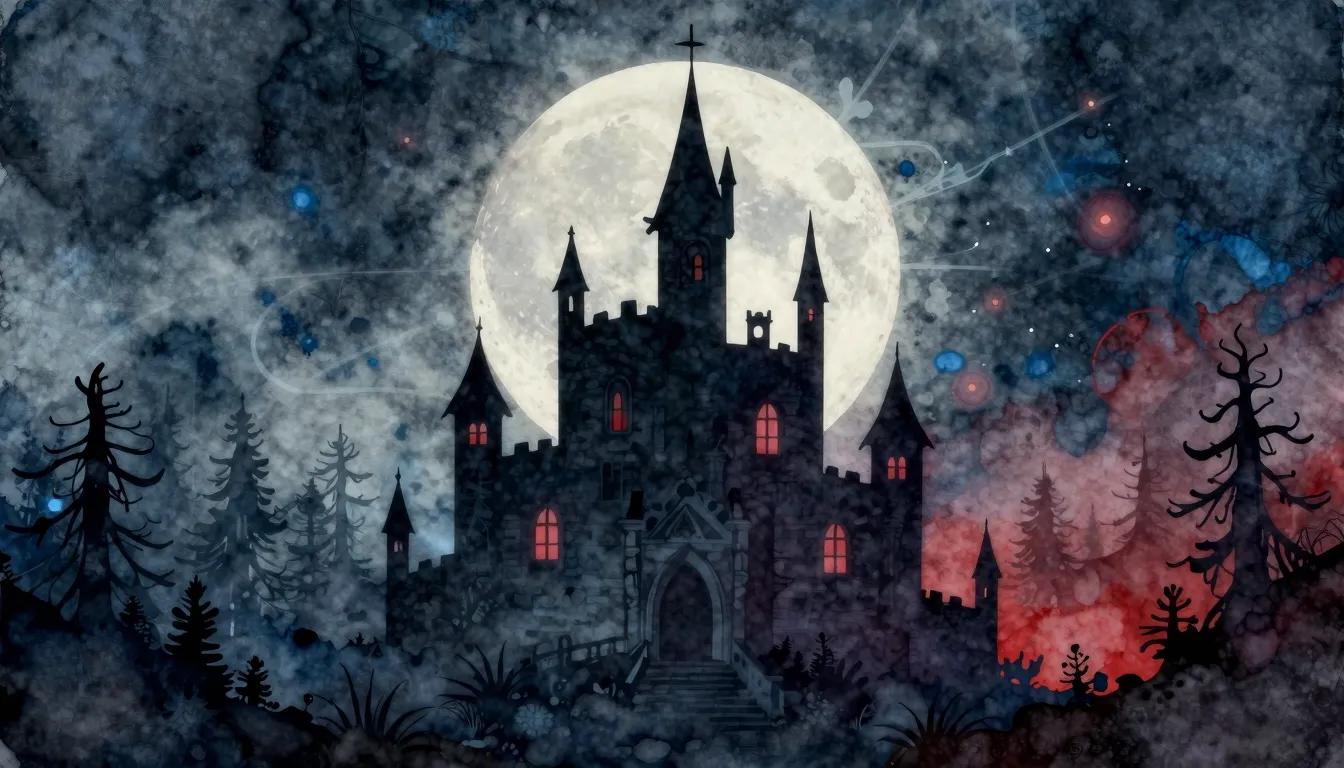 Watercolor style. Dark gothic castle silhouette against a gi...