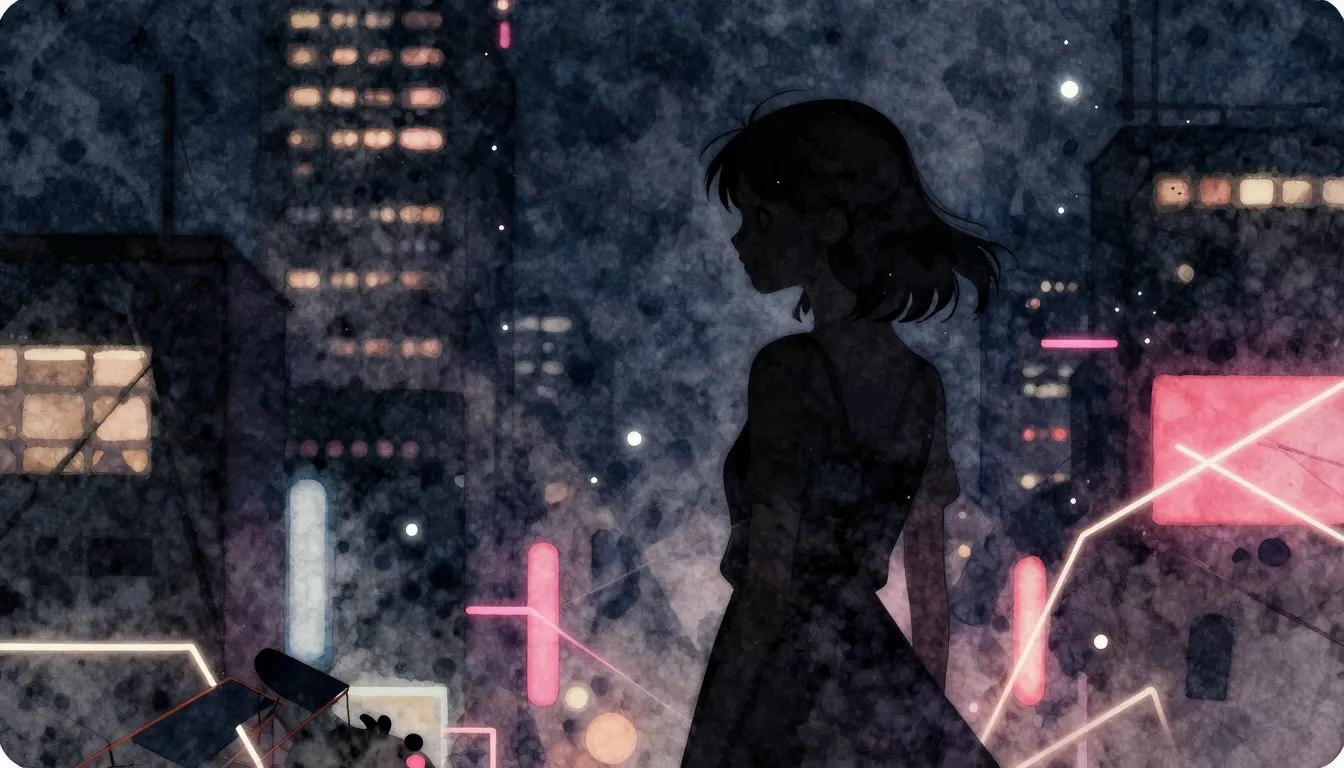 Watercolor style. Silhouette of a girl in a city at night, n...