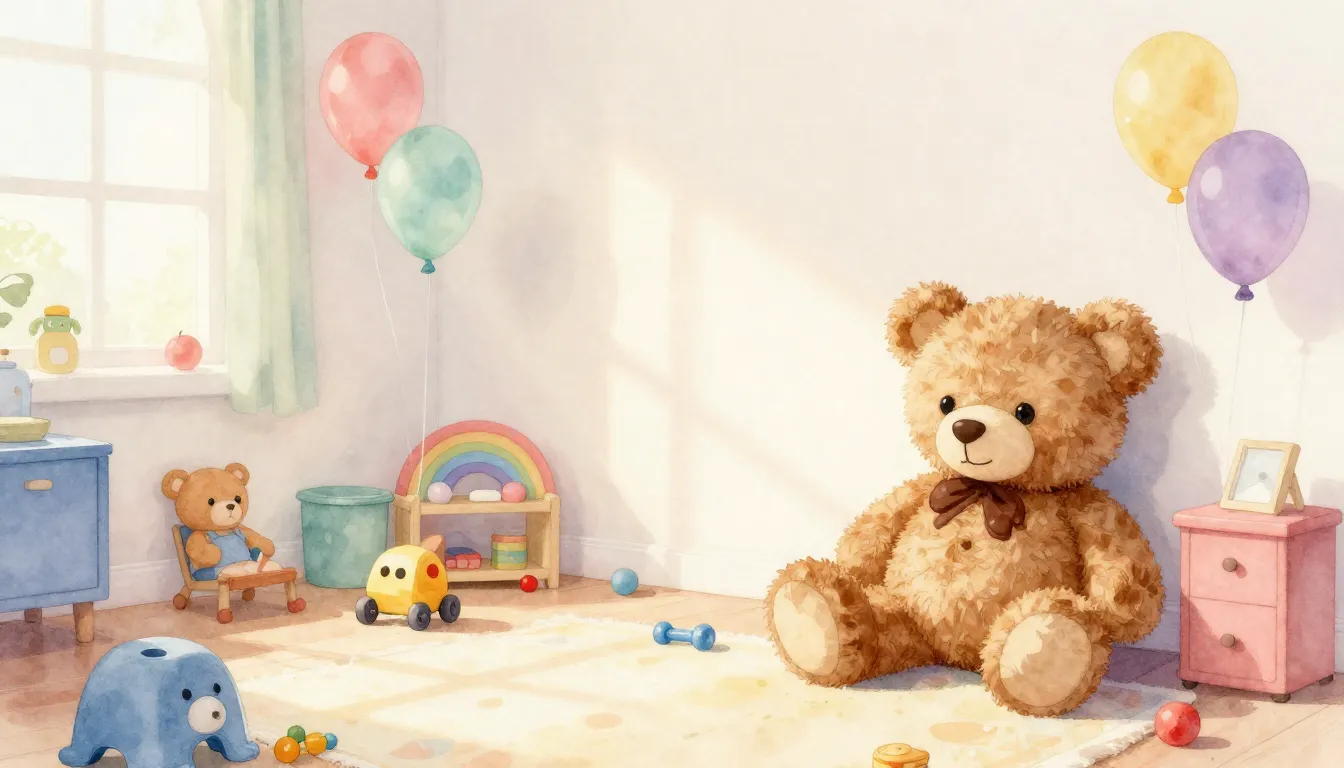 Watercolor style. A bright, sunny children's room with scatt...