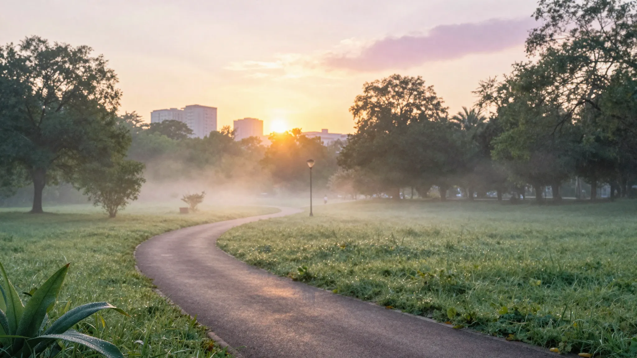 Watercolor style. A serene morning park with mist over paths...