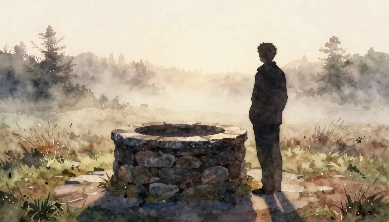 Watercolor style. A silhouette of a person standing by an em...