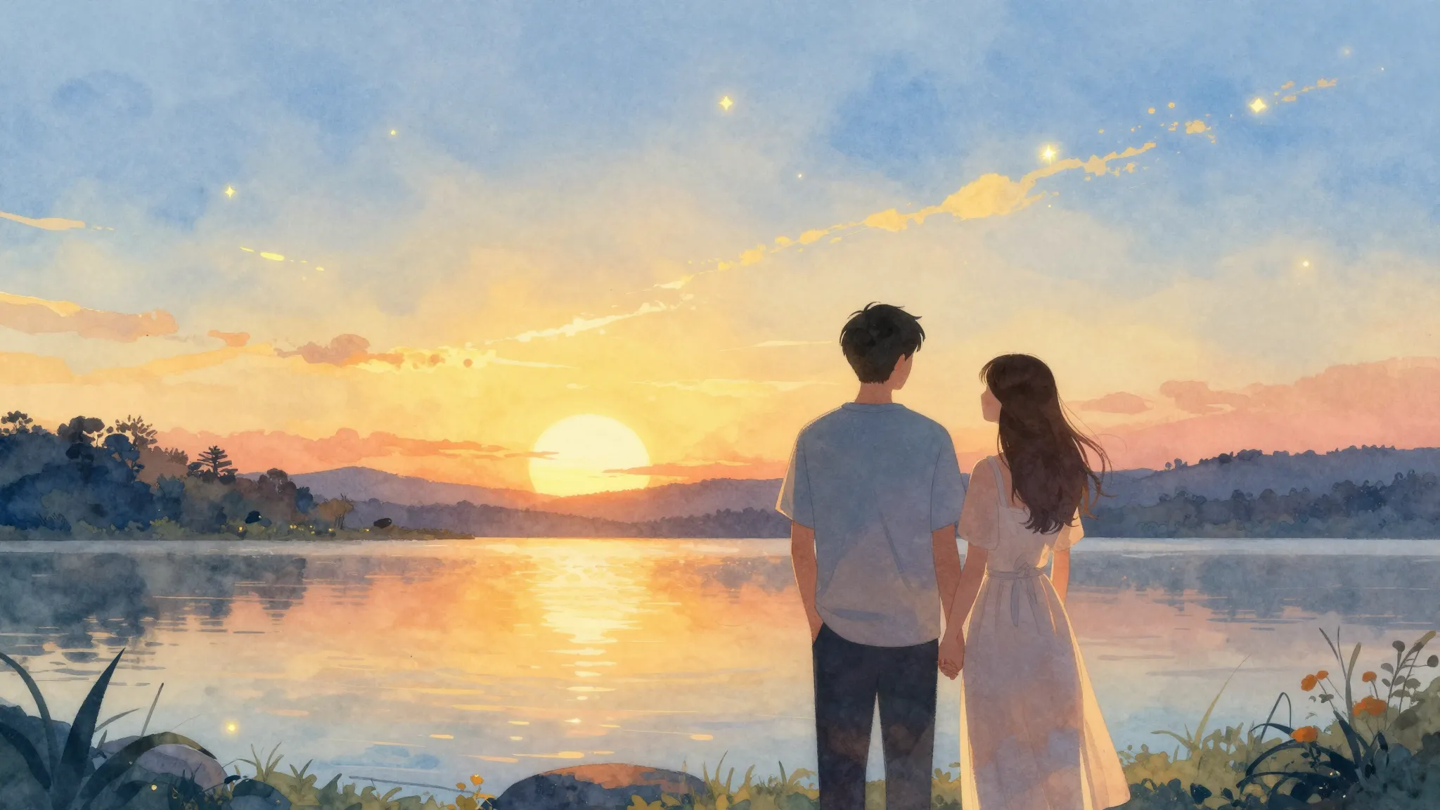 Vibrant watercolor style. A romantic aesthetic illustration ...