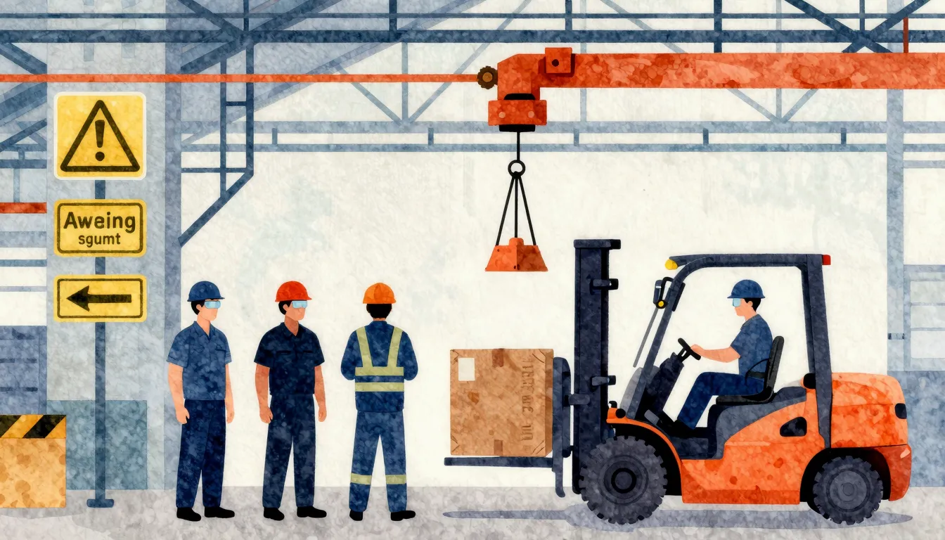 Watercolor style. Industrial factory interior, safety signs,...