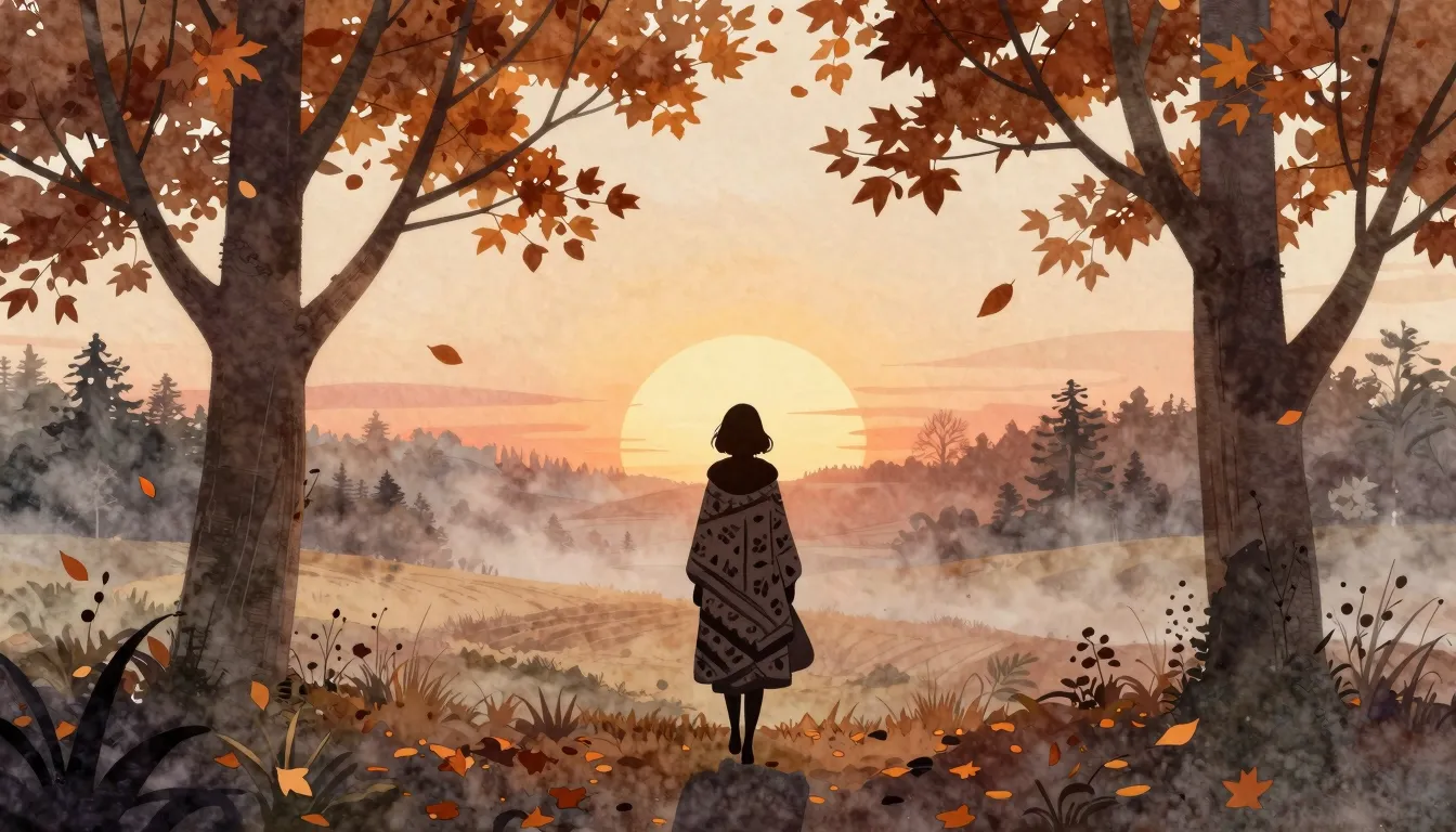 Watercolor style. Autumn landscape silhouette, trees with fa...