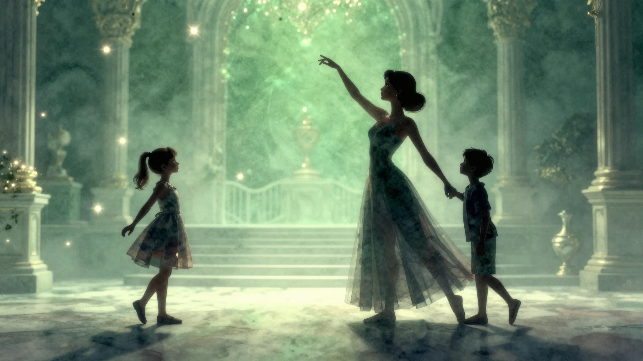 Watercolor style. Silhouettes of a father dancing with a lit...